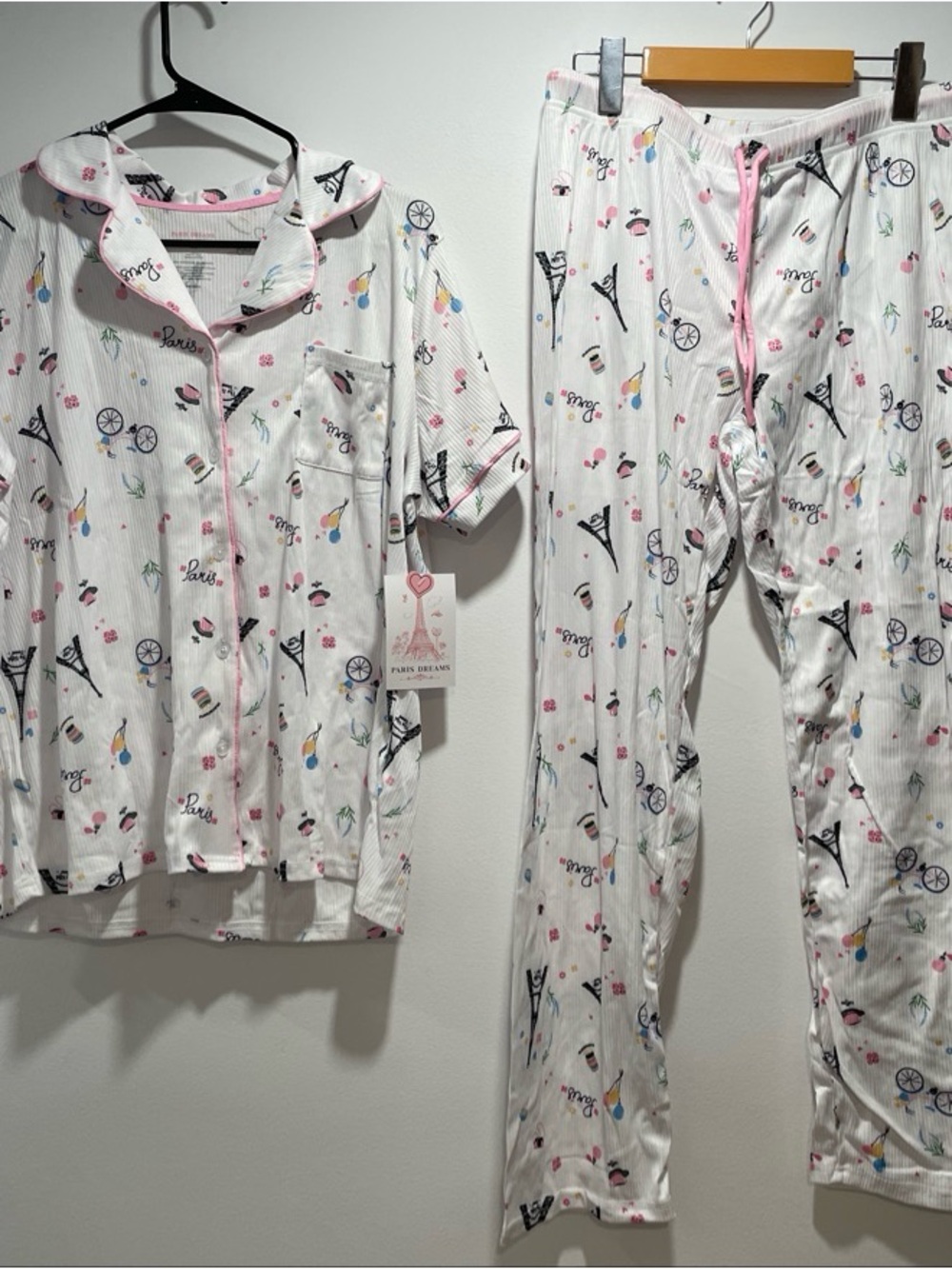 Kids White Paris-Themed Short-Sleeve Pajama Set with Pink Trim
